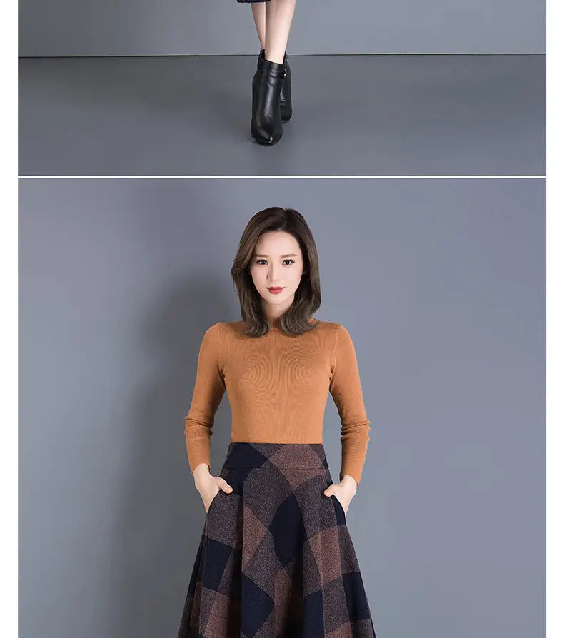 Woolen High-Waist Mid-Calf Checkered Knit Skirt