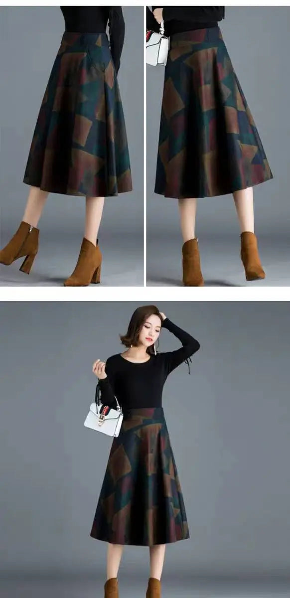 Woolen High-Waist Mid-Calf Checkered Knit Skirt