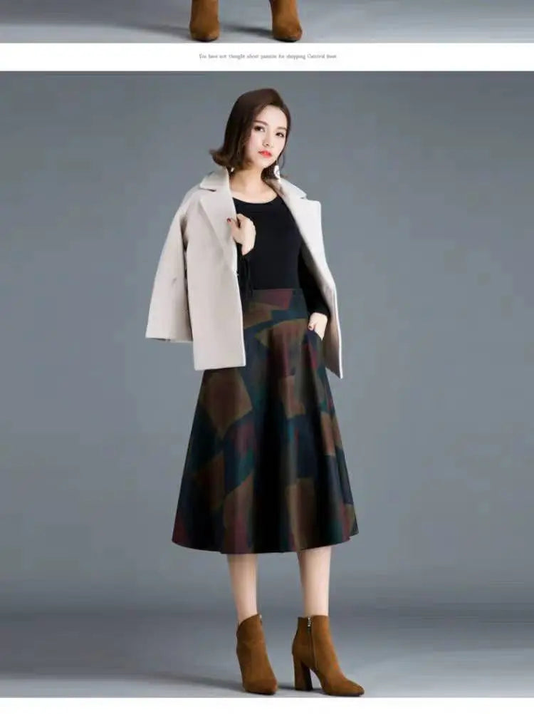 Woolen High-Waist Mid-Calf Checkered Knit Skirt