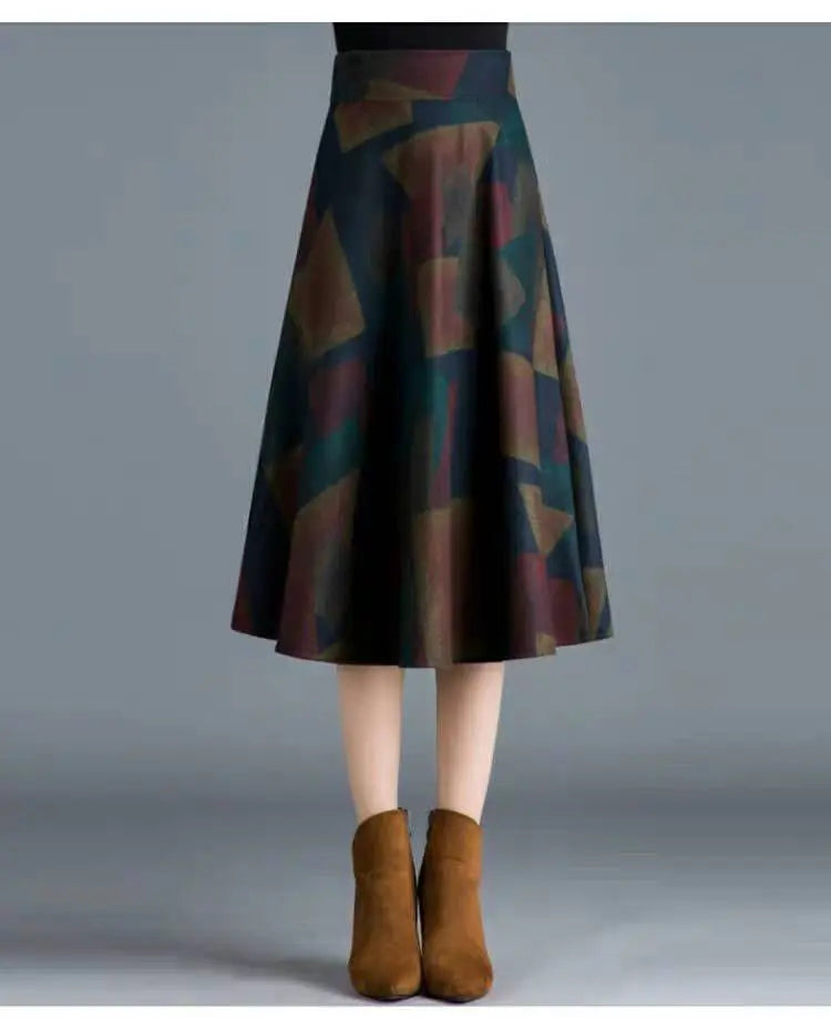 Woolen High-Waist Mid-Calf Checkered Knit Skirt