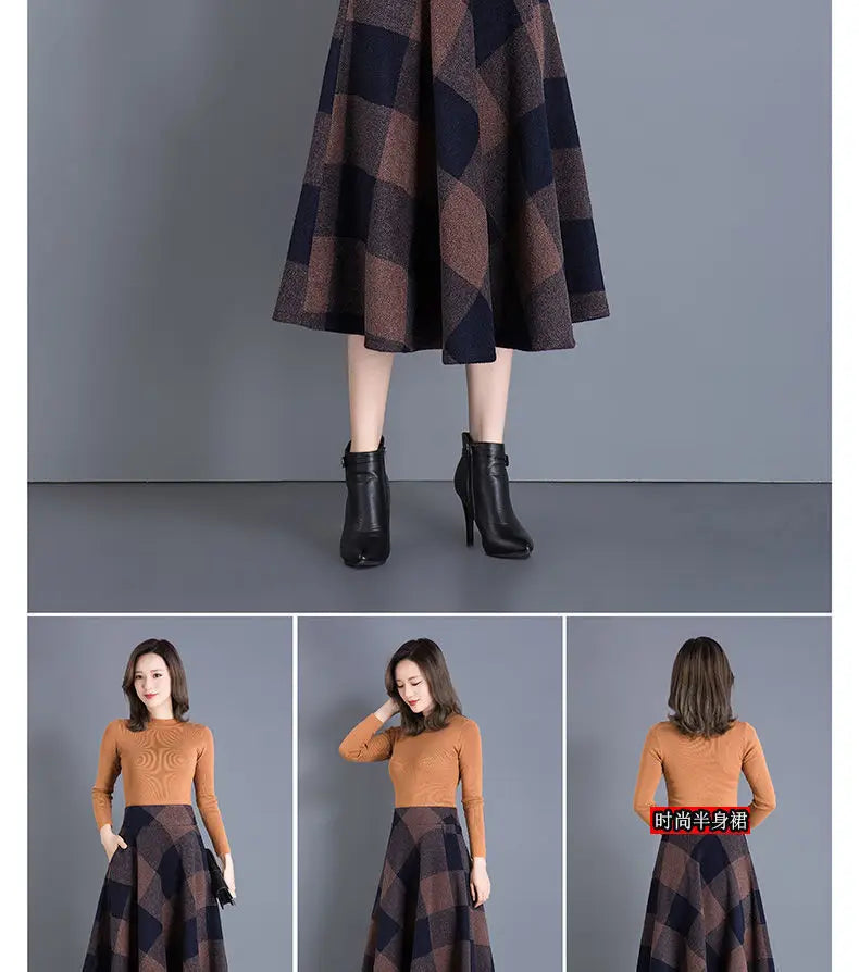 Woolen High-Waist Mid-Calf Checkered Knit Skirt