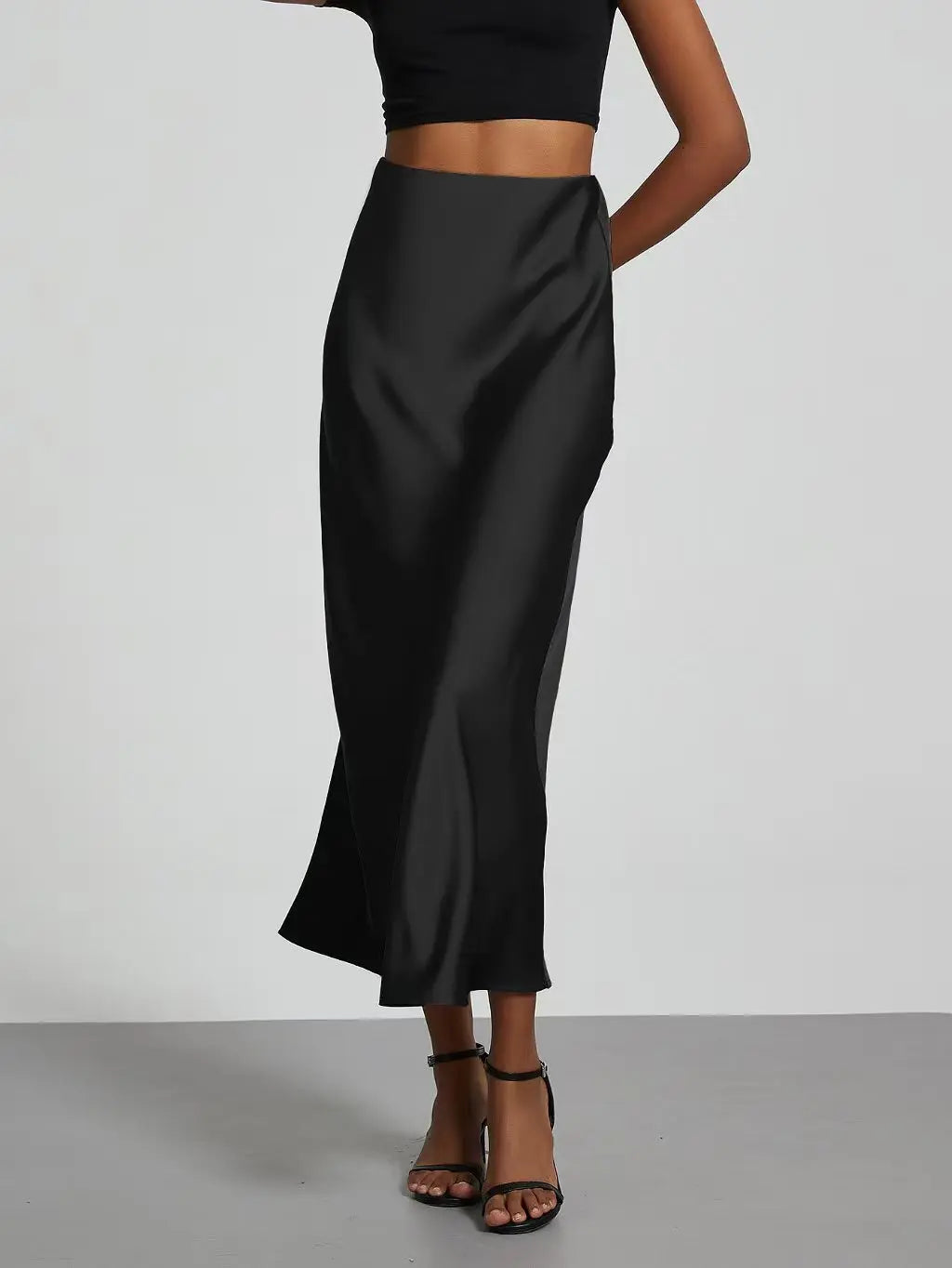 Faux Satin Mid-Calf Length High Waist Skirt