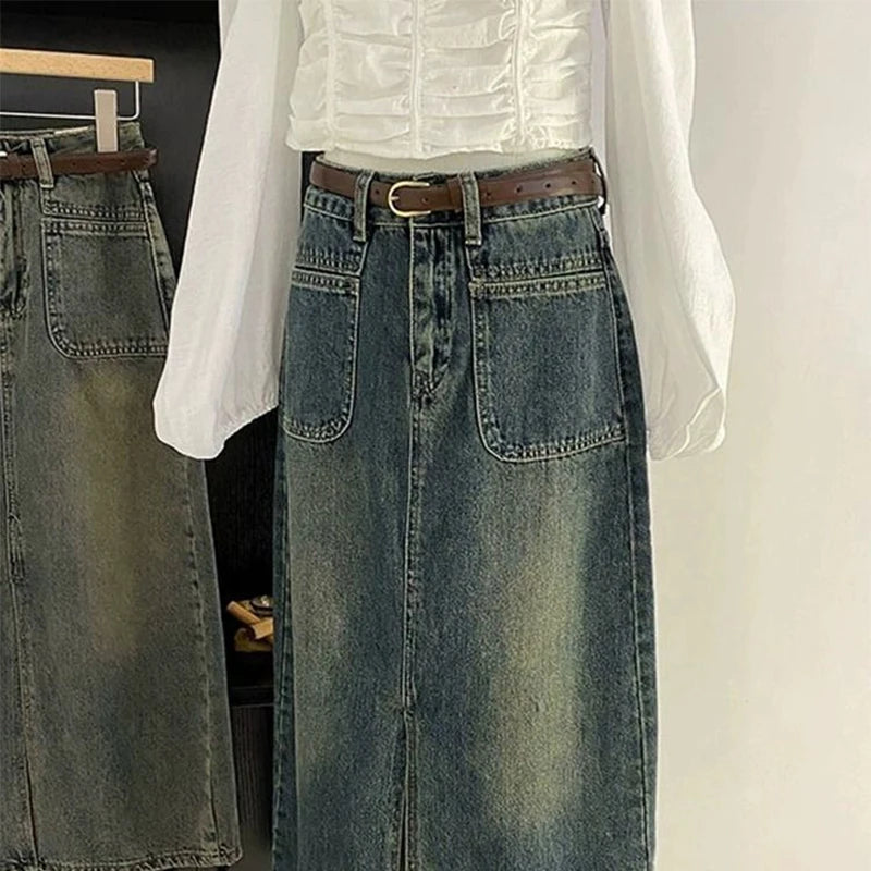 Mid-Length Retro Blue Split Denim High Waist Jean Skirt