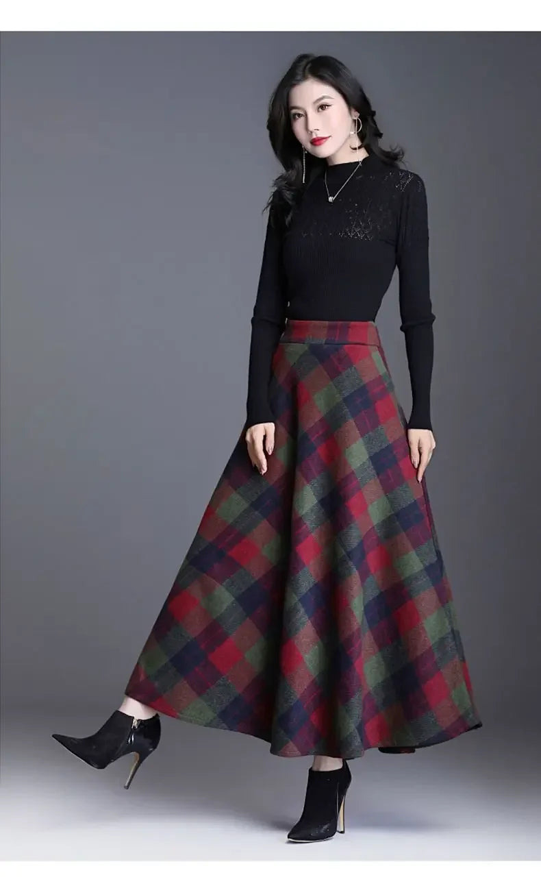 Plaid Woolen High-Waist Zippered Skirt