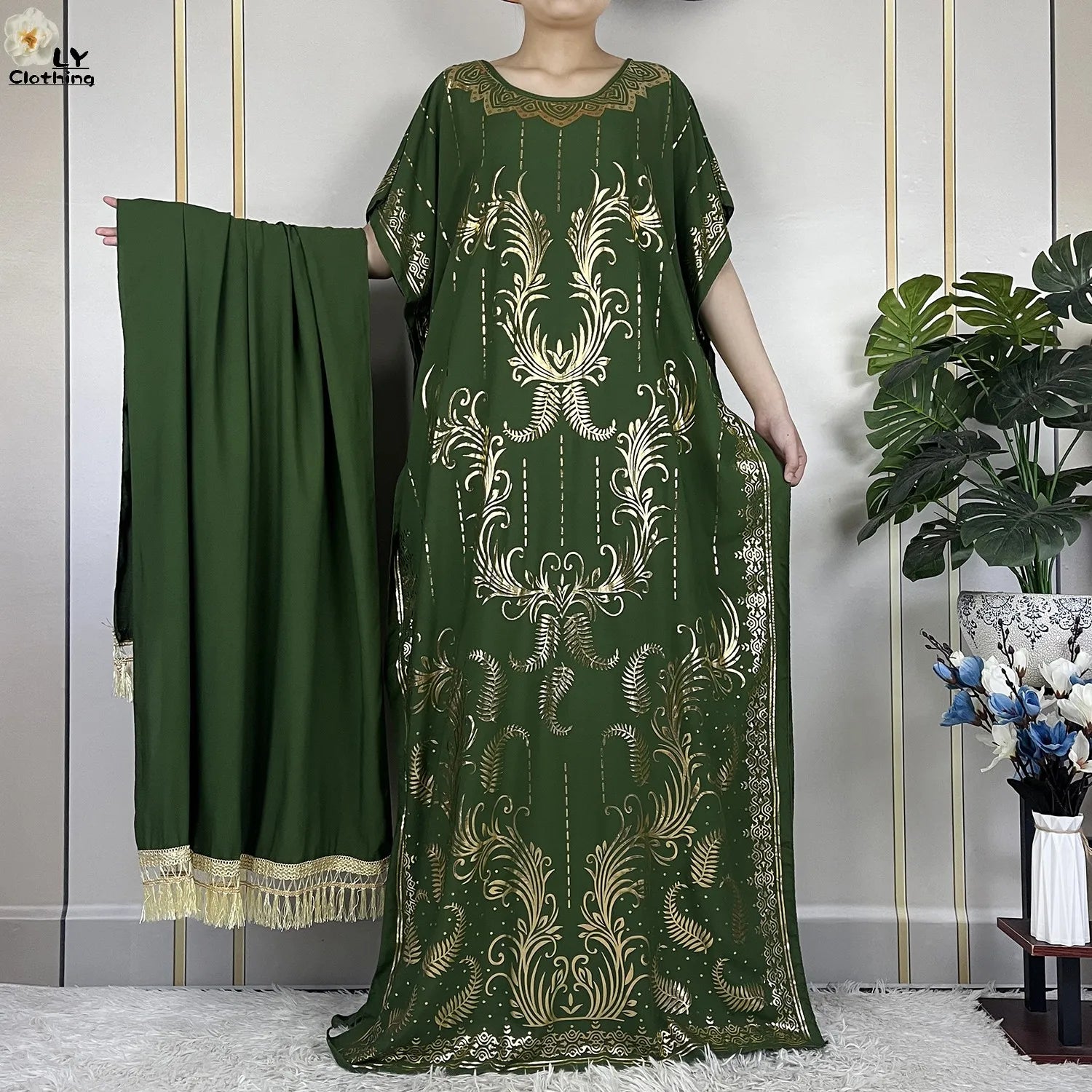 Casual Short Sleeve Soft Cotton Maxi Dress With Scarf