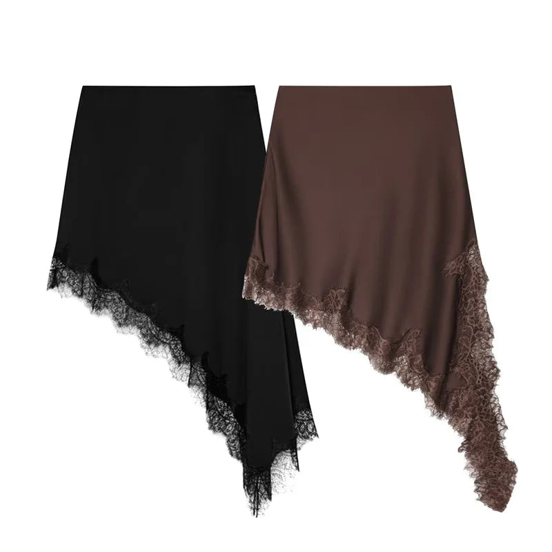 Lace Satin Asymmetric Hem Skirt