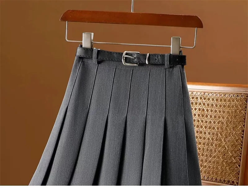 Long Gray Retro Slim A-Line Casual Pleated Skirt
