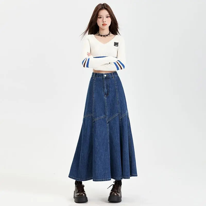 Ankle-Length High Waist Denim Jean Skirt