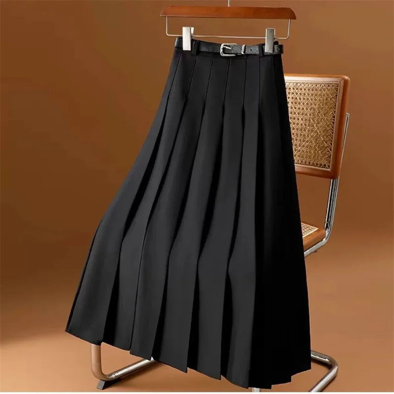 Long Gray Retro Slim A-Line Casual Pleated Skirt