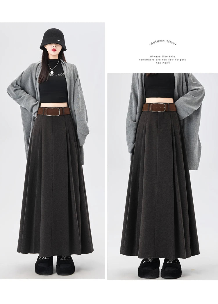 Woolen Mid-Length Pleated Skirt With Belt