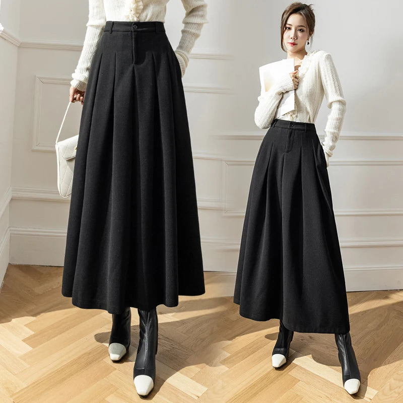 Pleated High Waist Ankle Length Pocketed Skirt