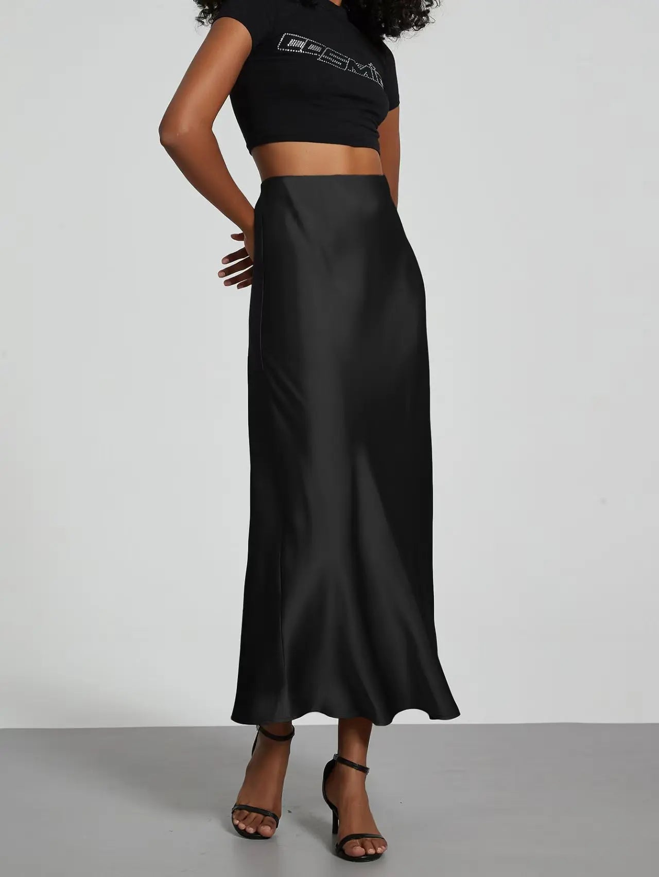 Faux Satin Mid-Calf Length High Waist Skirt