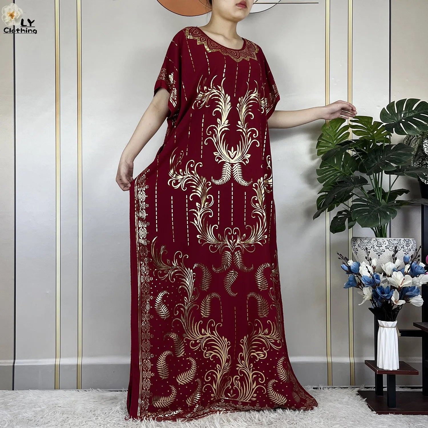 Casual Short Sleeve Soft Cotton Maxi Dress With Scarf