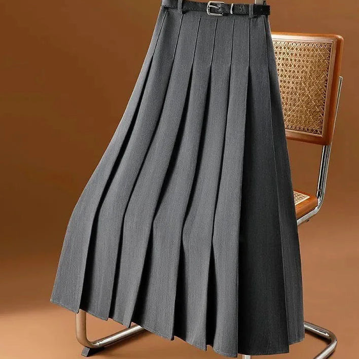 Long Gray Retro Slim A-Line Casual Pleated Skirt
