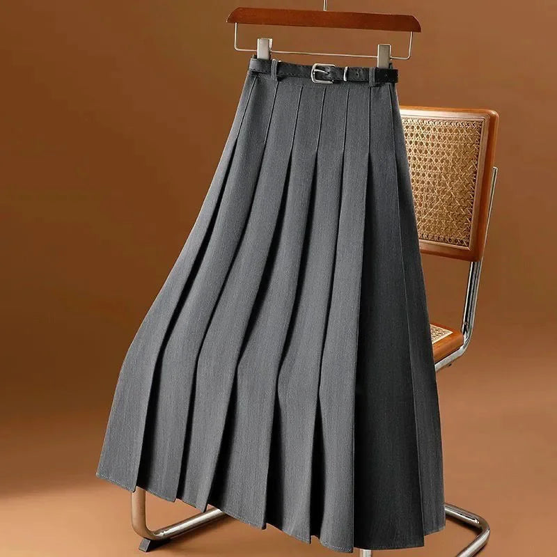 Long Gray Retro Slim A-Line Casual Pleated Skirt