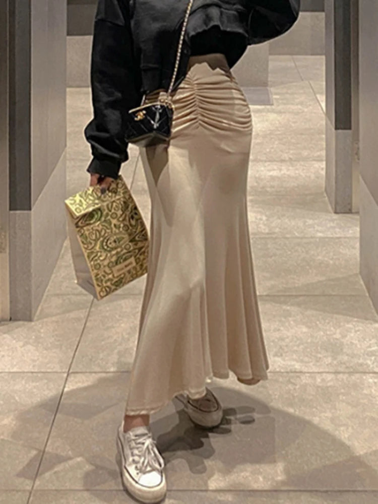 Shirred Satin High Waist Ankle Length Skirt