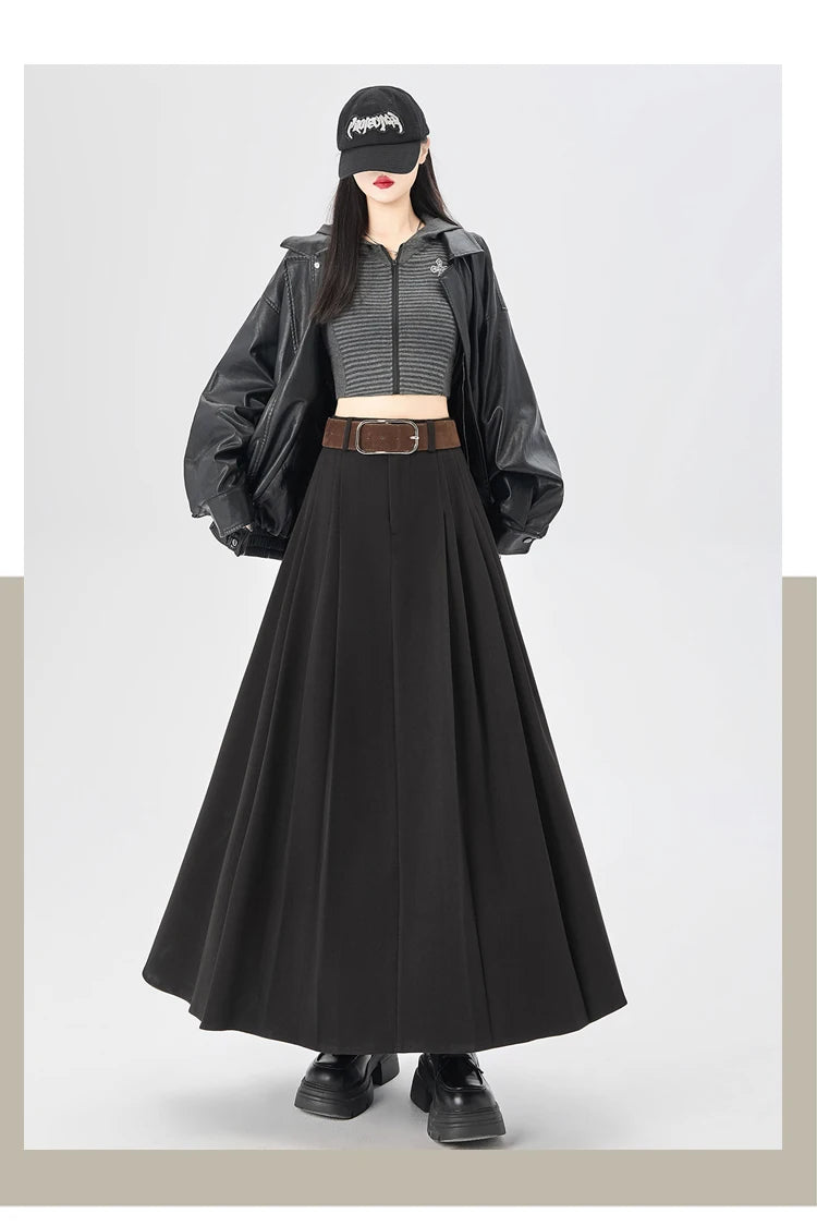 Woolen Mid-Length Pleated Skirt With Belt