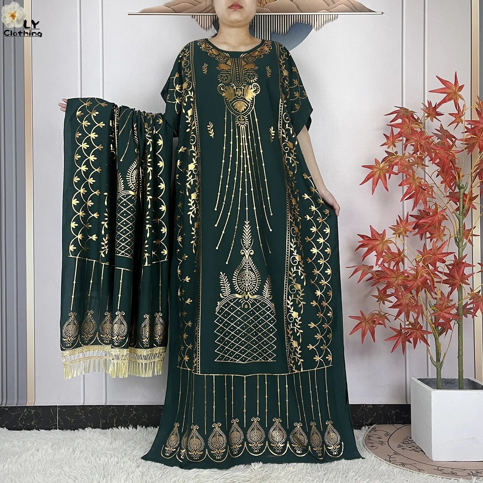 Casual Short Sleeve Soft Cotton Maxi Dress With Scarf