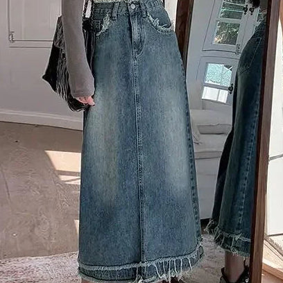 Fringed Denim High-Waist Jean Skirt