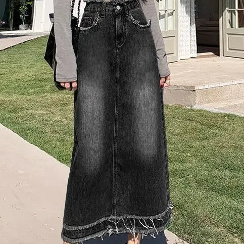 Fringed Denim High-Waist Jean Skirt