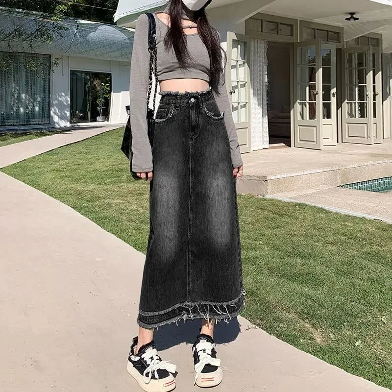 Fringed Denim High-Waist Jean Skirt