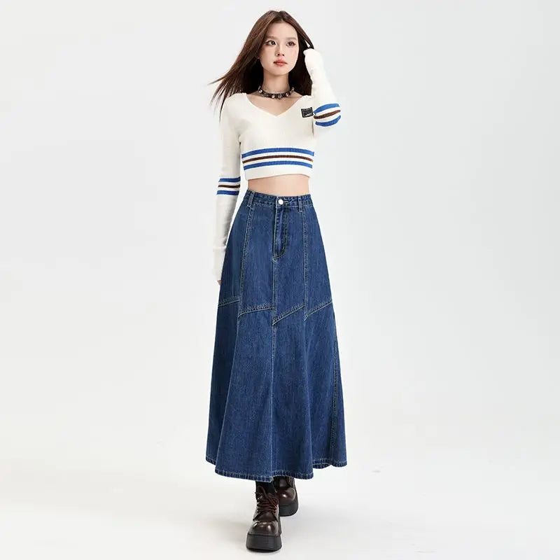Ankle-Length High Waist Denim Jean Skirt