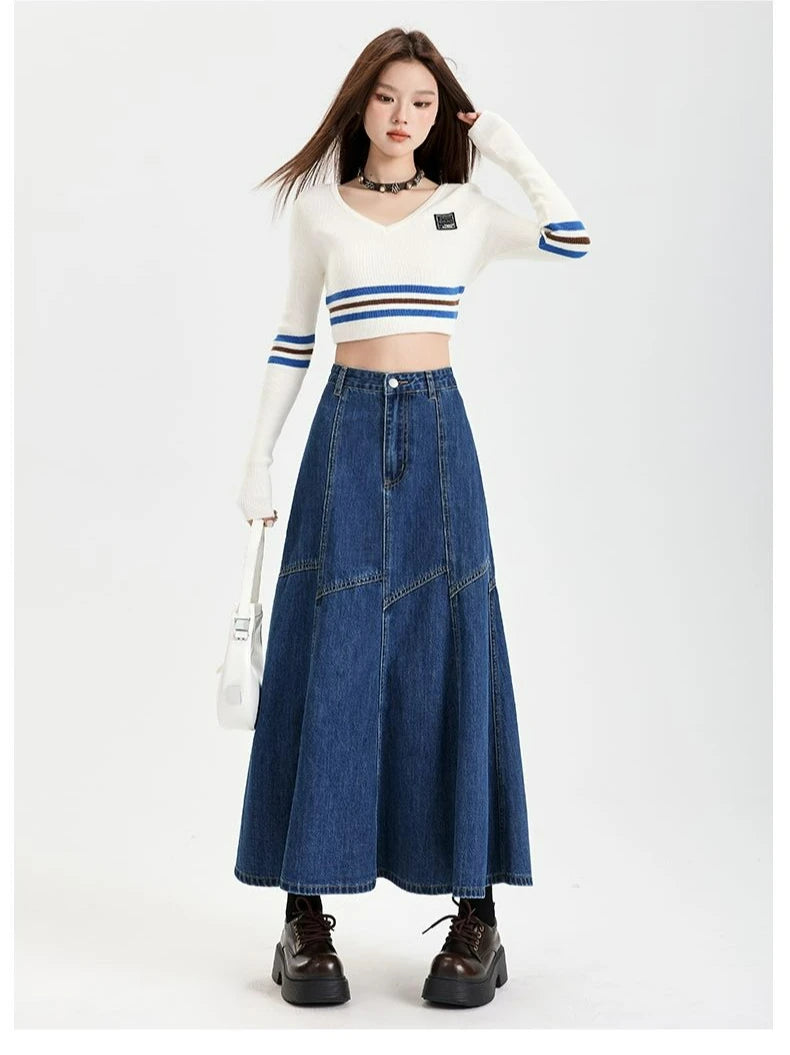 Ankle-Length High Waist Denim Jean Skirt