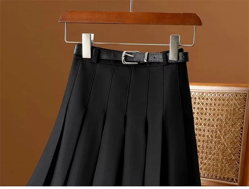 Long Gray Retro Slim A-Line Casual Pleated Skirt