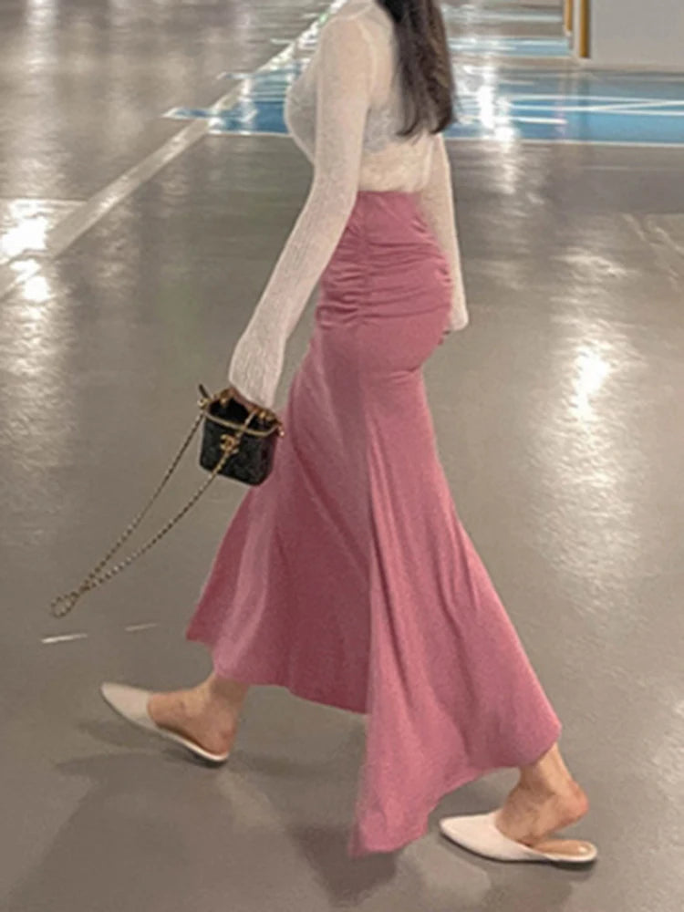 Shirred Satin High Waist Ankle Length Skirt