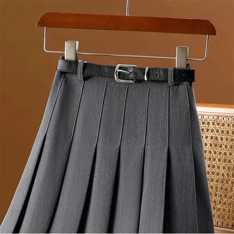 Long Gray Retro Slim A-Line Casual Pleated Skirt
