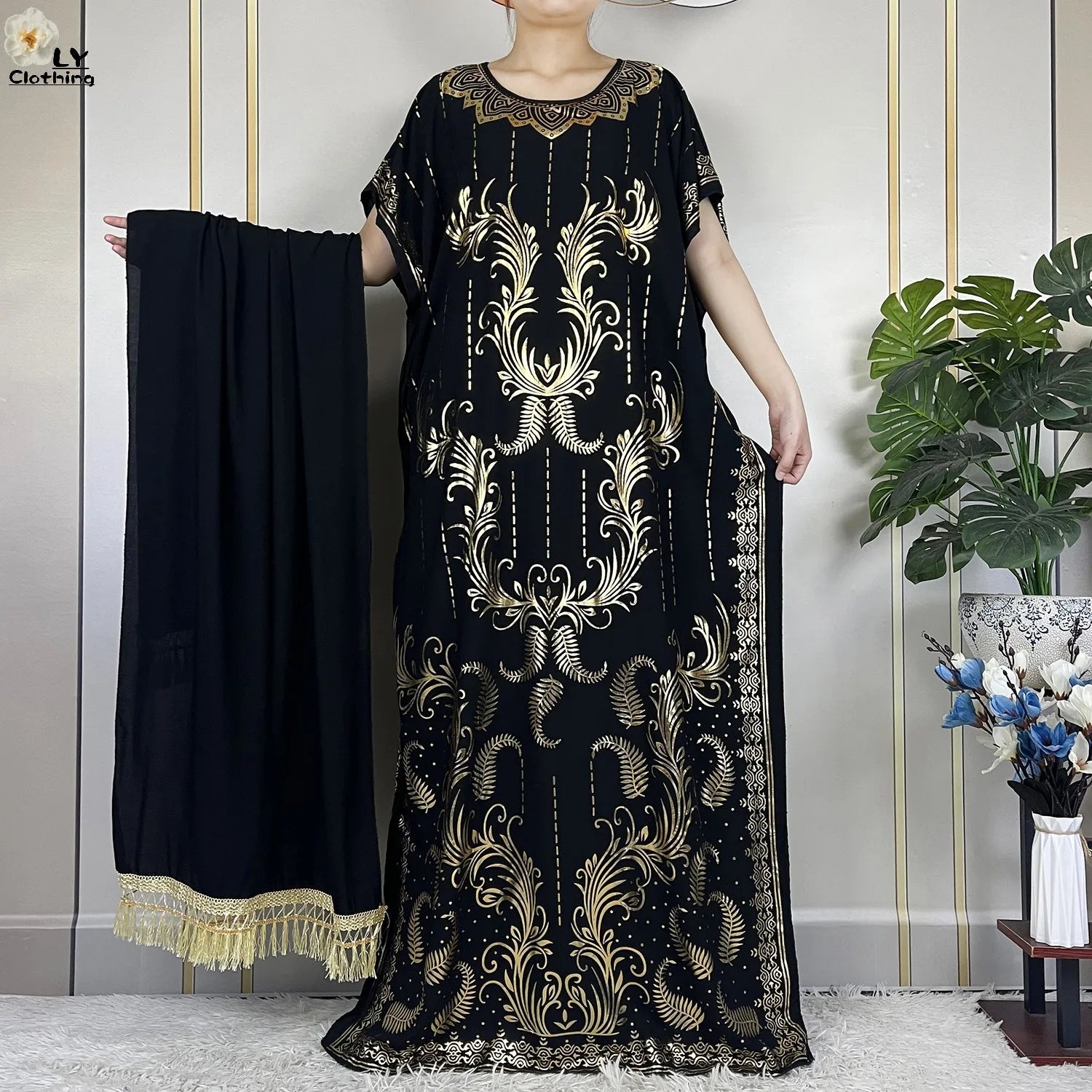 Casual Short Sleeve Soft Cotton Maxi Dress With Scarf