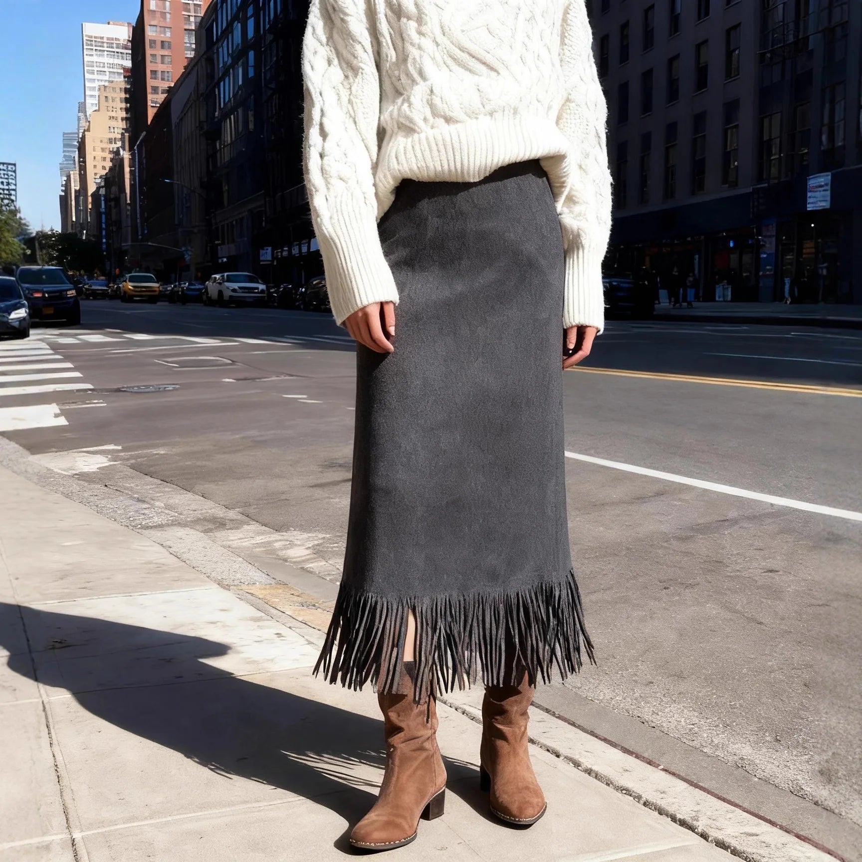 Fringed Suede Long Skirt