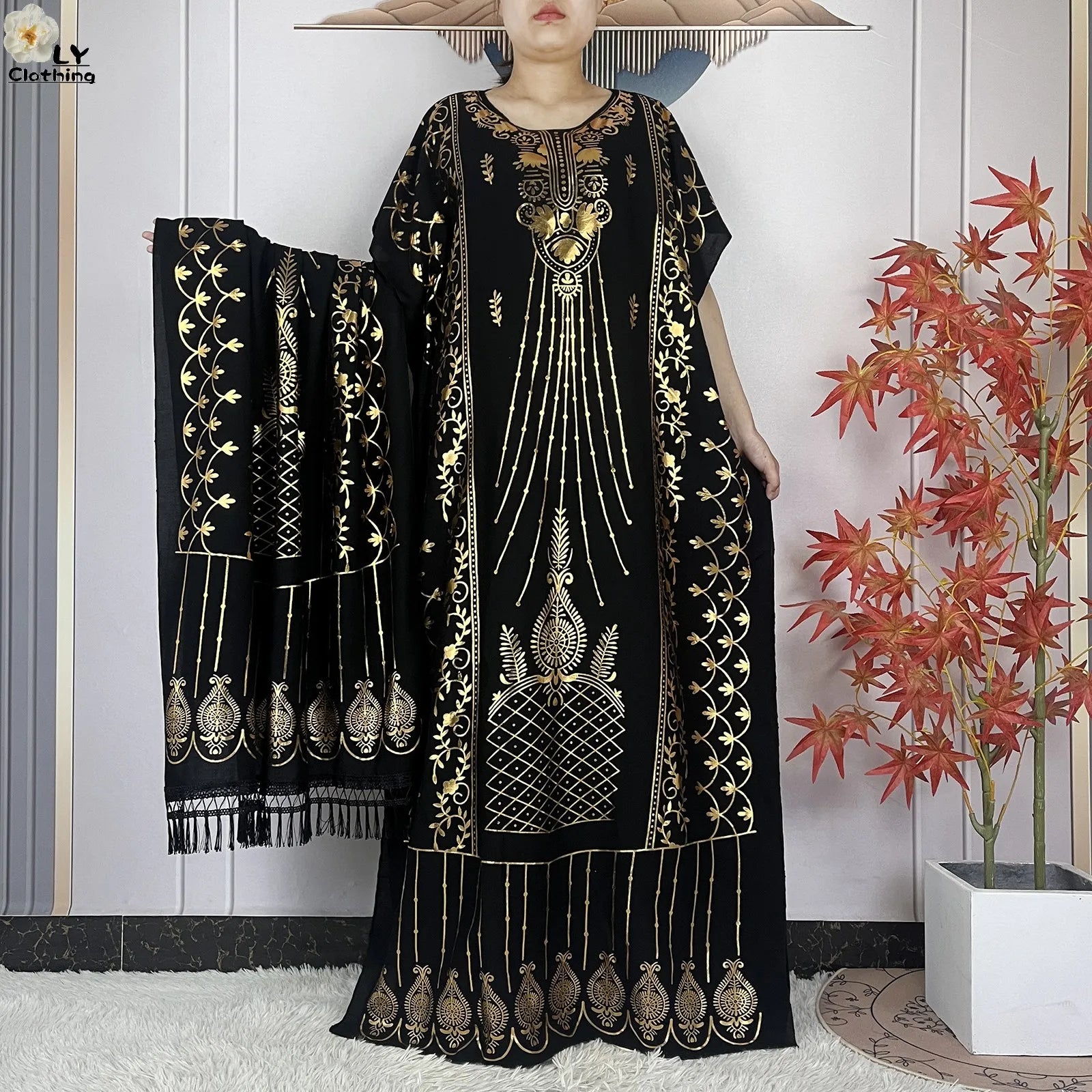 Casual Short Sleeve Soft Cotton Maxi Dress With Scarf