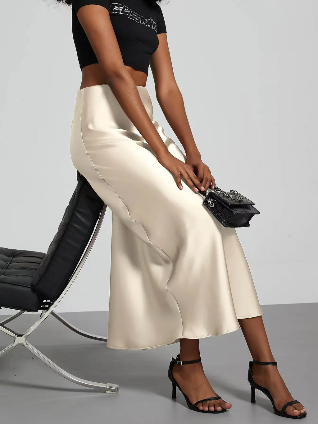 Faux Satin Mid-Calf Length High Waist Skirt