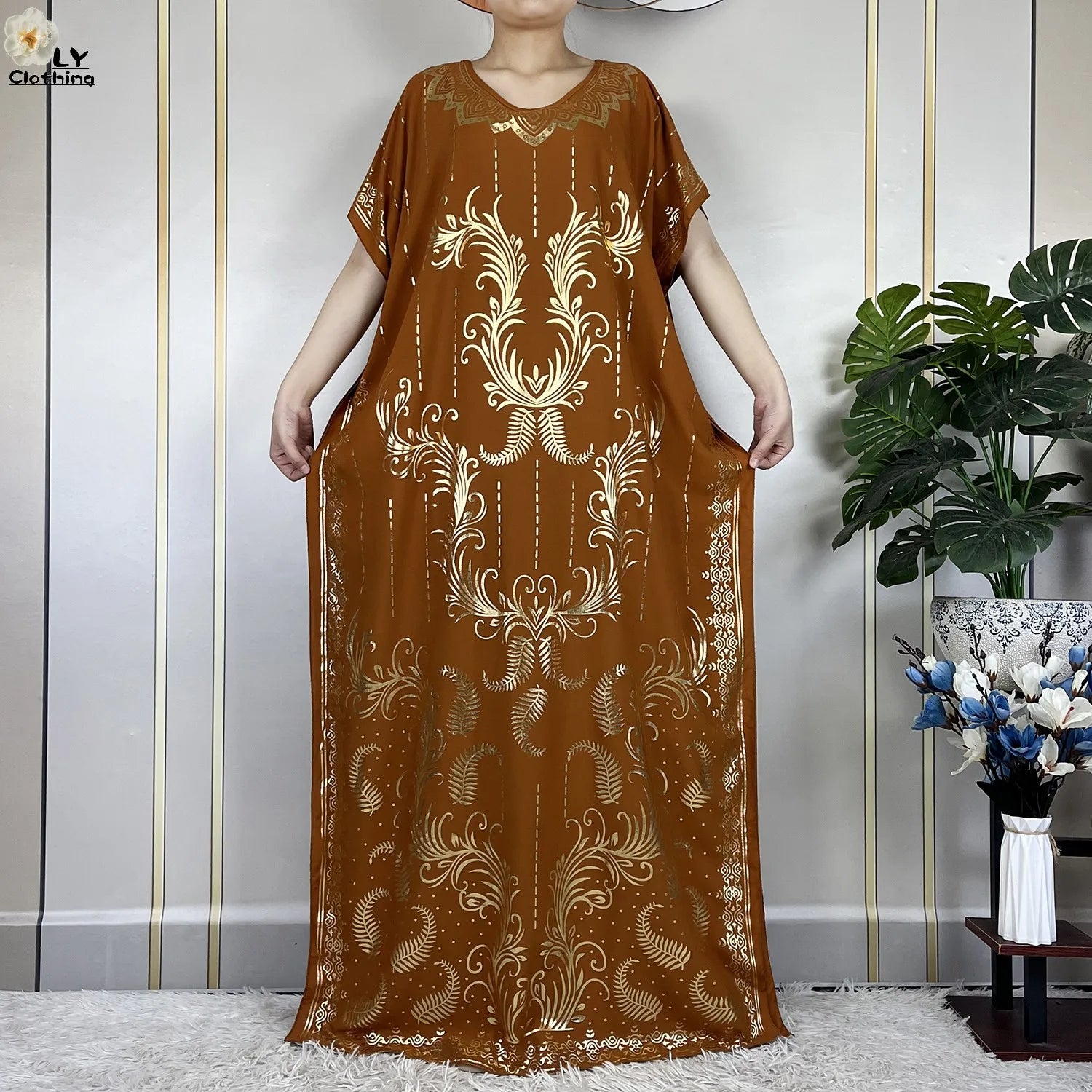Casual Short Sleeve Soft Cotton Maxi Dress With Scarf