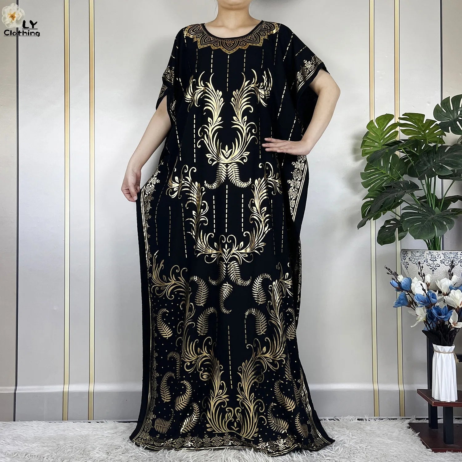 Casual Short Sleeve Soft Cotton Maxi Dress With Scarf