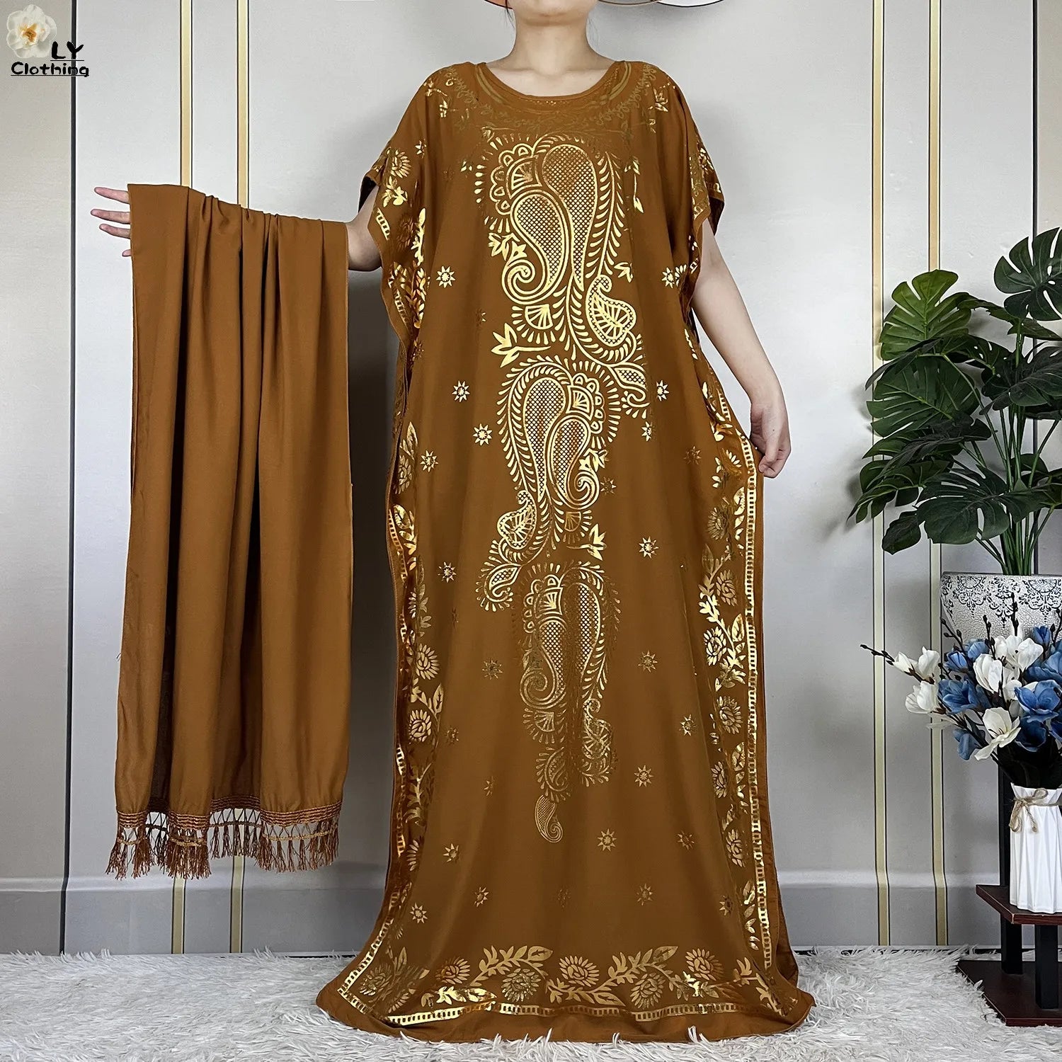 Casual Short Sleeve Soft Cotton Maxi Dress With Scarf