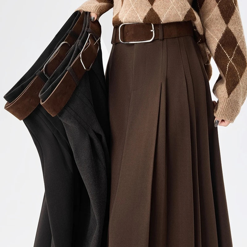 Woolen Mid-Length Pleated Skirt With Belt