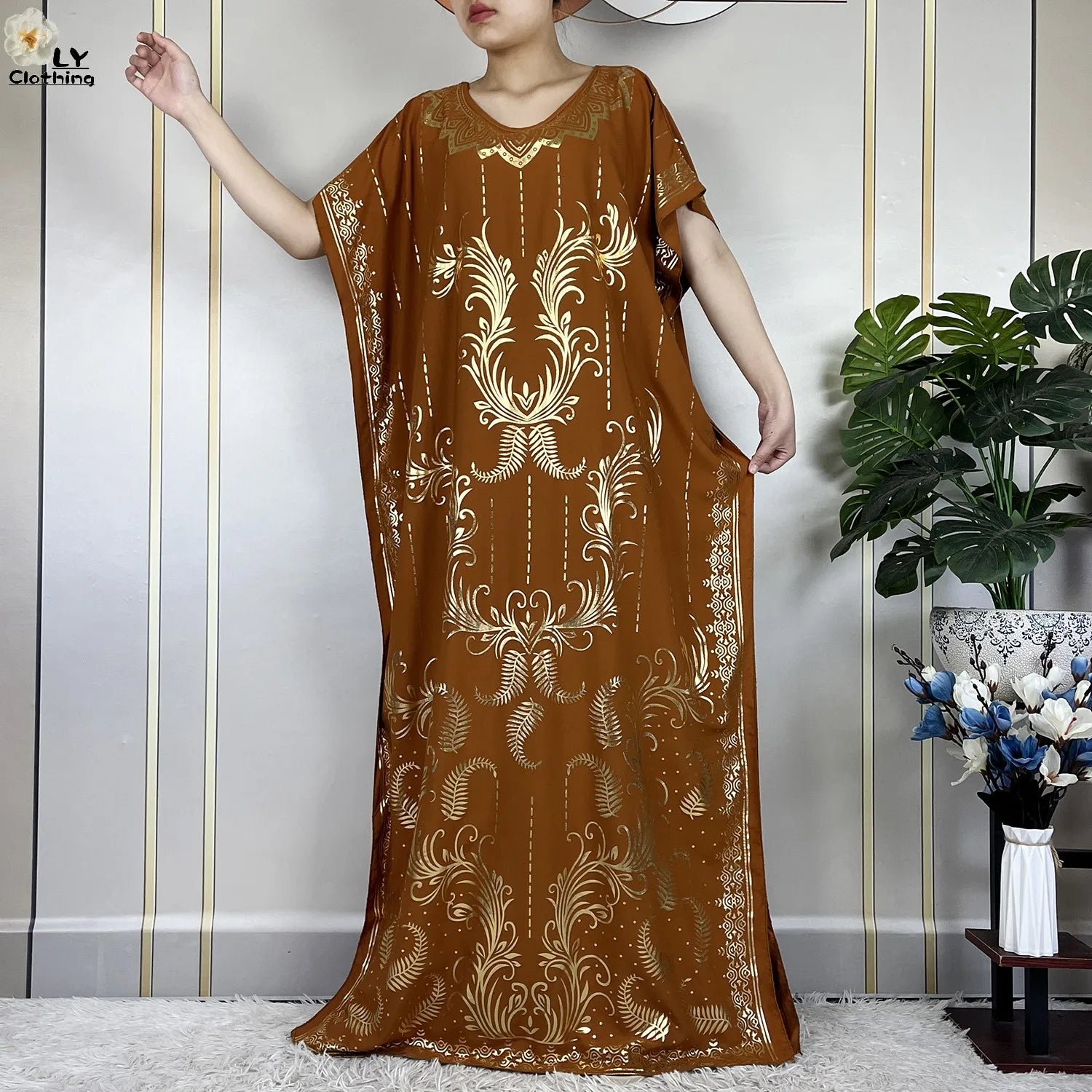 Casual Short Sleeve Soft Cotton Maxi Dress With Scarf