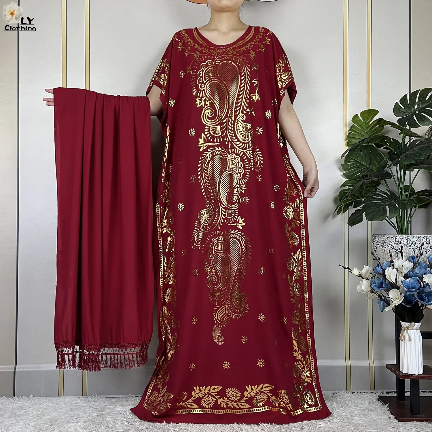 Casual Short Sleeve Soft Cotton Maxi Dress With Scarf