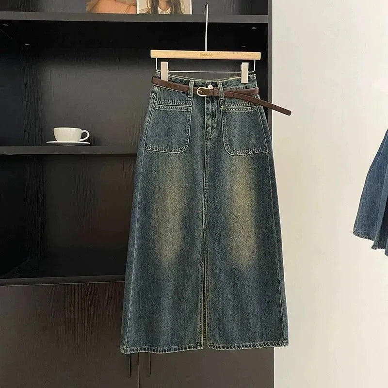 Mid-Length Split Denim High Waist Jean Skirt
