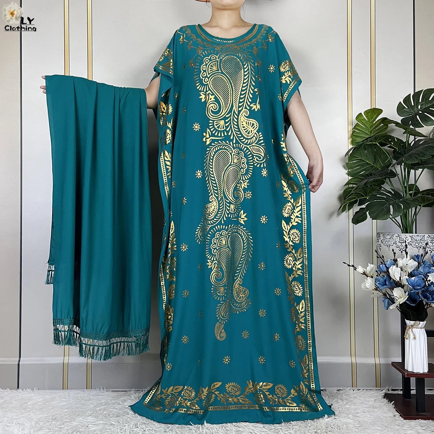 Casual Short Sleeve Soft Cotton Maxi Dress With Scarf