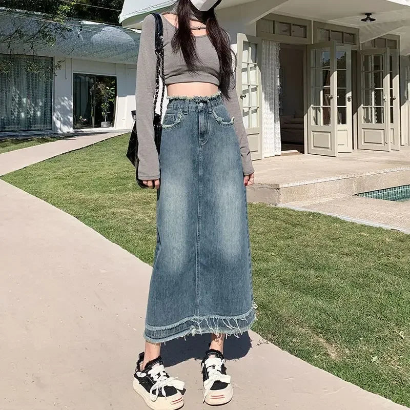 Fringed Denim High-Waist Jean Skirt