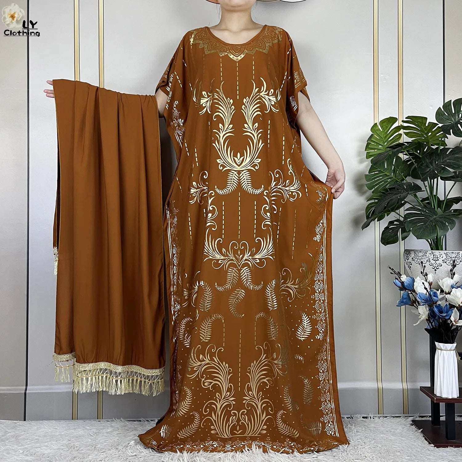 Casual Short Sleeve Soft Cotton Maxi Dress With Scarf