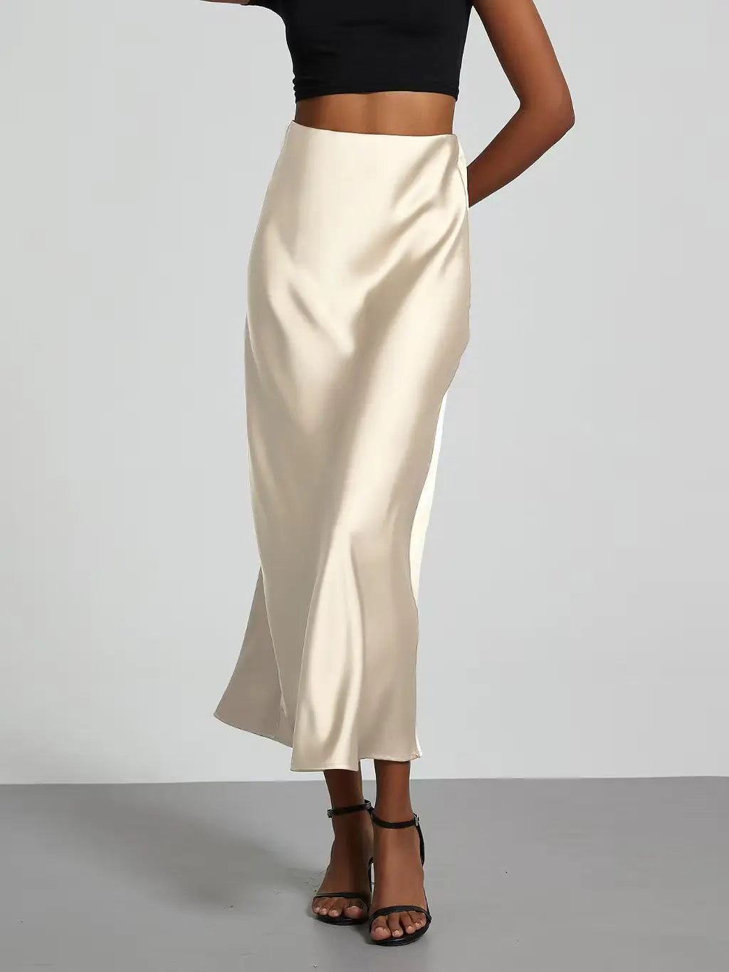 Faux Satin Mid-Calf Length High Waist Skirt