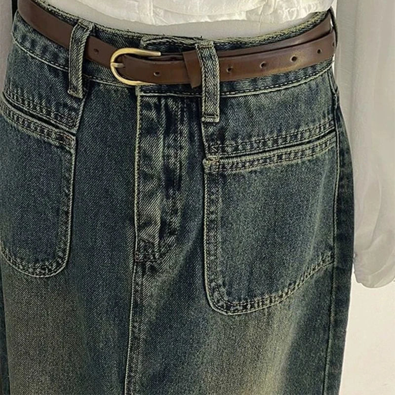 Mid-Length Retro Blue Split Denim High Waist Jean Skirt