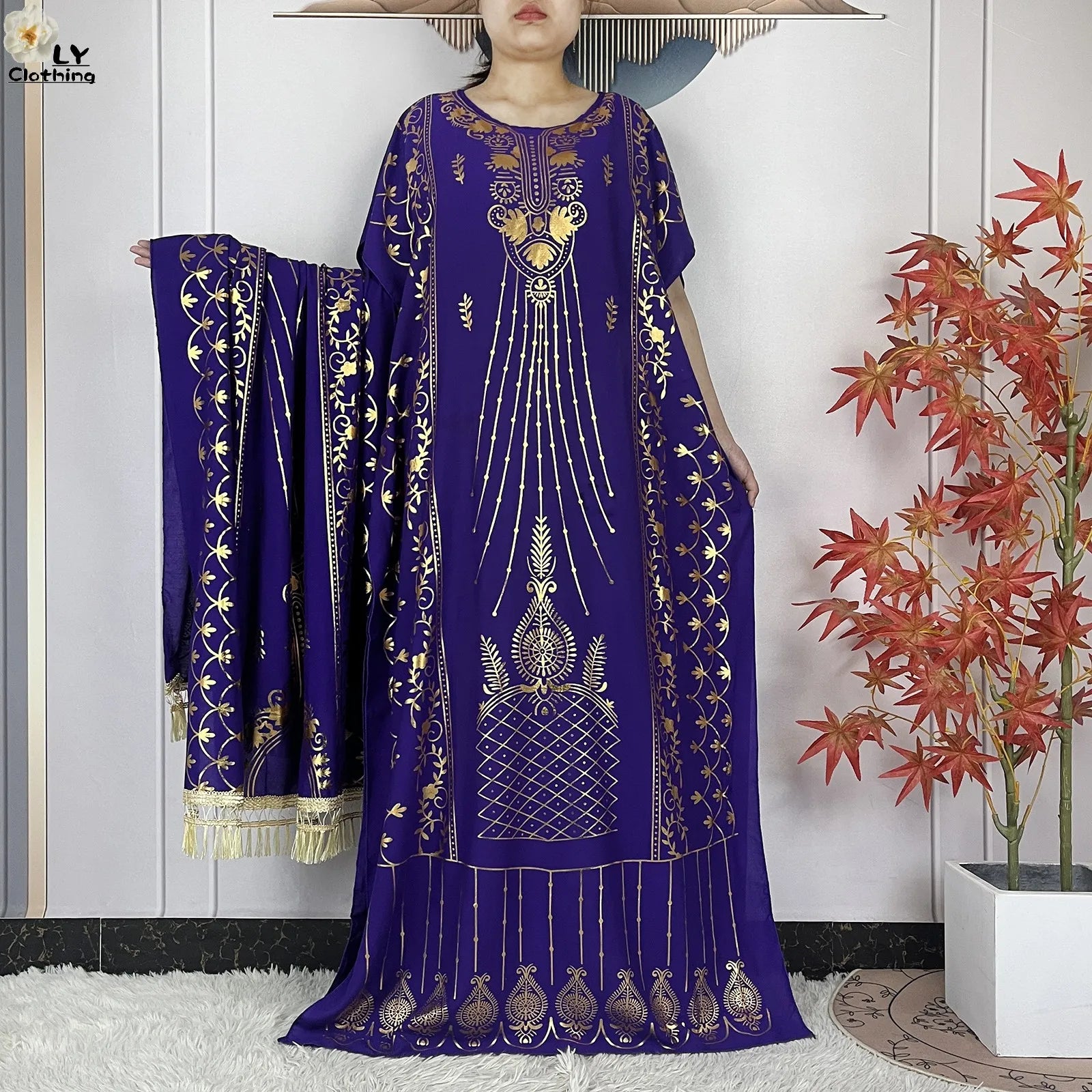 Casual Short Sleeve Soft Cotton Maxi Dress With Scarf
