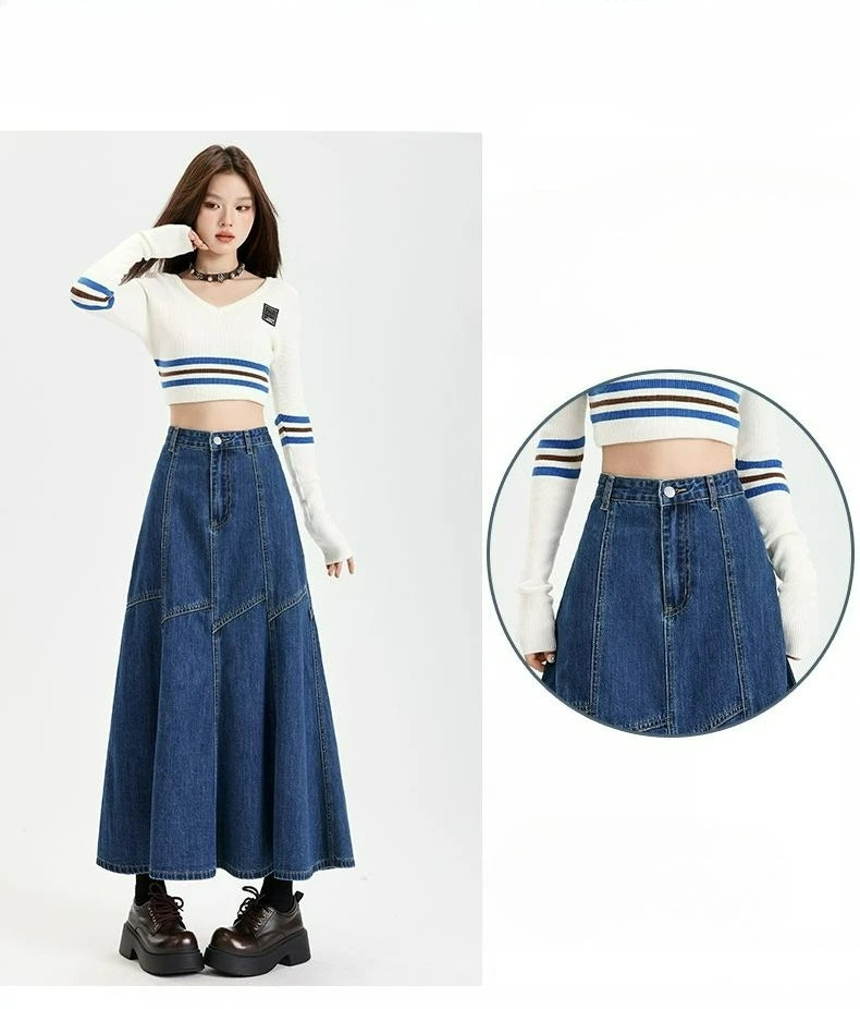 Ankle-Length High Waist Denim Jean Skirt