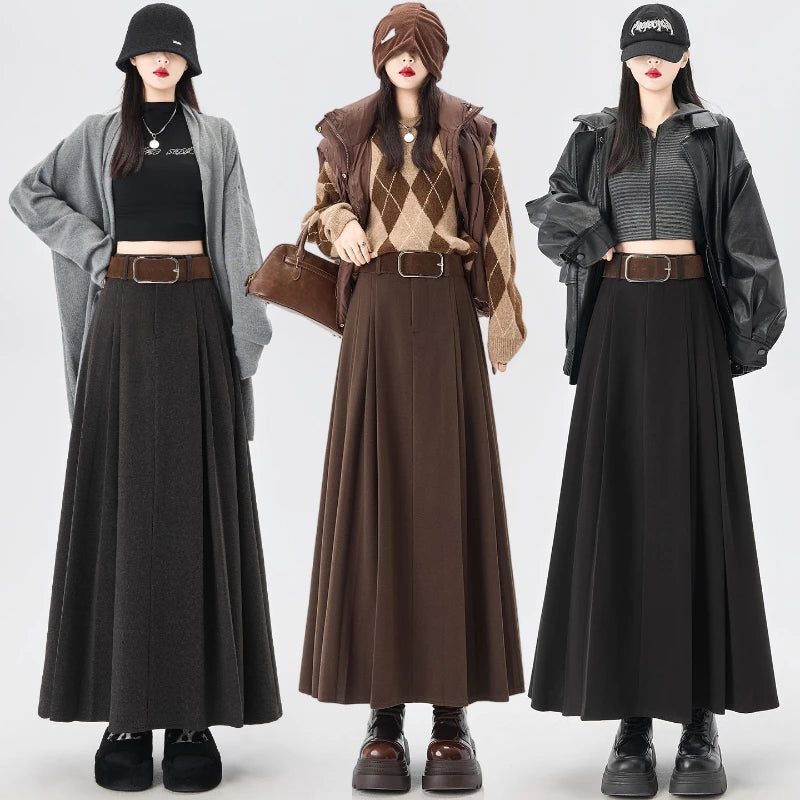 Woolen Mid-Length Pleated Skirt With Belt