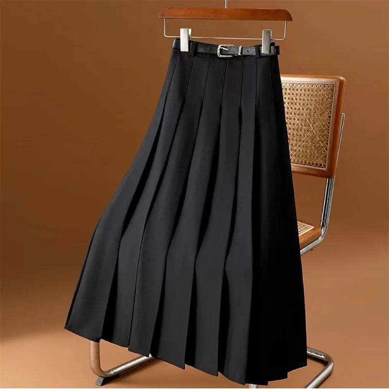 Long Gray Retro Slim A-Line Casual Pleated Skirt